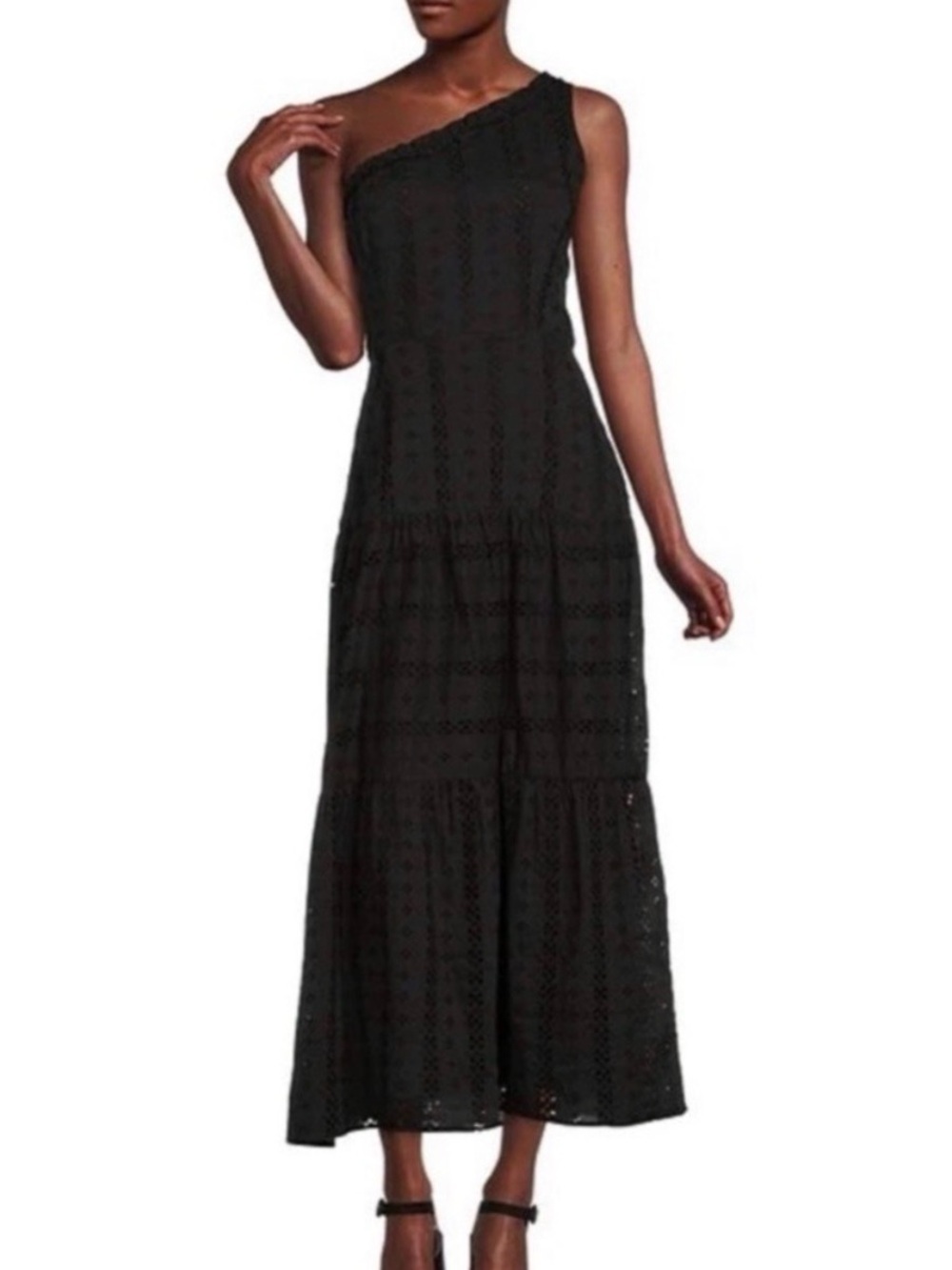 Taylor One-Shoulder Black Eyelet Maxi Dress